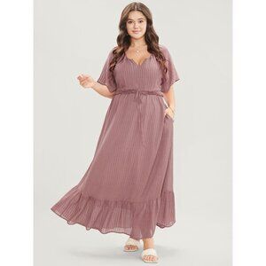 Bloomchic Solid Striped Notched Ties Up Pocket Flutter Maxi Dress Pink 18-20